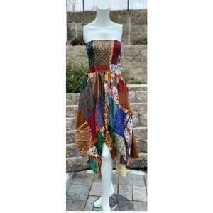 Womens Strapless Patchwork Dress Asymmetrical Hem Hippie Indie OS Forest Fairy